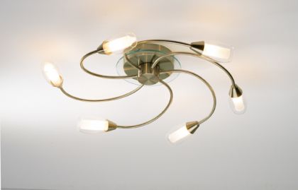 Antique brass 6 arm flush ceiling light with clear and frost glass - DISCONTINUED Large View