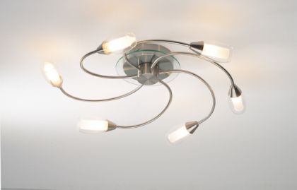 Satin silver 6 arm flush ceiling light with clear and frost glass ID Large View