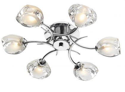 Polished Chrome 6 Arm Flush Ceiling Light with Sculptured Glass ID Large View