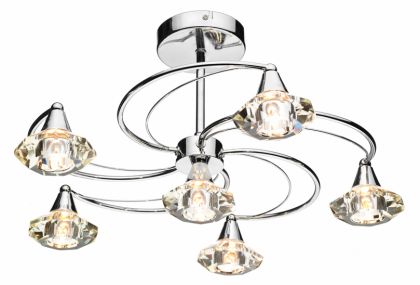 Polished Chrome 6 Arm Semi-flush Ceiling Light with Crystal Glass ID Large View