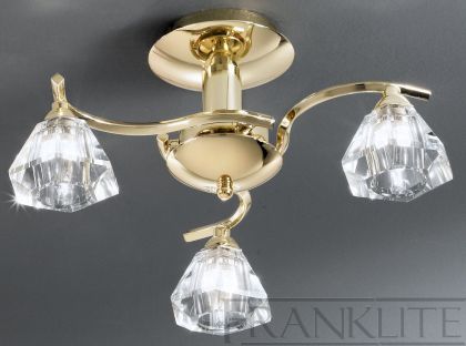 Polished Brass and Crystal Glass 3 Arm Flush Ceiling Light ID Large View
