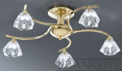 Polished Brass and Crystal Glass 5 Arm Flush Ceiling Light  ID Large View