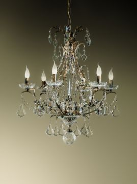 Italian dark brown 6 arm chandelier with chunky crystal ID  Large View