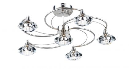 Satin Chrome 6 Arm Semi-Flush Ceiling Light with Crystall Glass Shades ID Large View