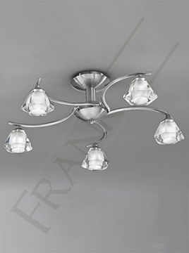 Satin Nickel and Crystal Glass 5 Arm Flush Ceiling Light ID  Large View
