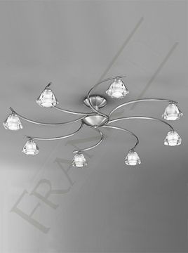 Satin Nickel and Crystal Glass 8 Arm Flush Ceiling Light ID Large View