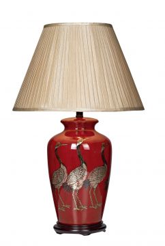 Large Red Ceramic Table Lamp featuring Birds ID Large View