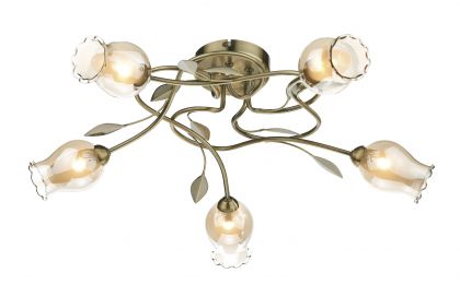 Five Light Floral Flush Ceiling Llight in Antique Brass - DISCONTINUED Large View