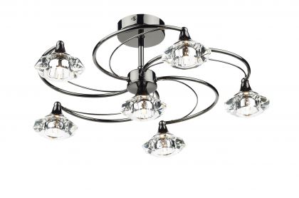 Black Chrome 6 Arm Semi-Flush Ceiling Light with Crystal Glass Shades ID Large View