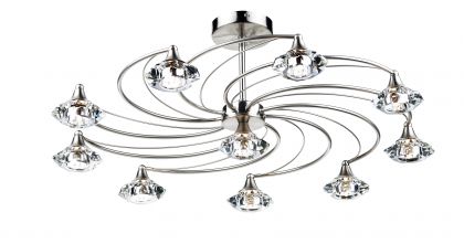 Satin Chrome 10 Arm Semi-Flush Ceiling Light with Crystal Glass Shades ID Large View