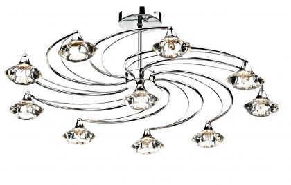 Polished Chrome 10 Arm Semi-Flush Ceiling Light with Crystal Glass ID Large View