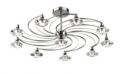 Black Chrome 10 Arm Semi-Flush Ceiling Light with Crystal Glass Shades ID Large View