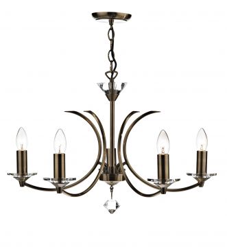 Antique Brass 5 Arm Dual Mount Ceiling Light with Crystal Glass - DISCONTINUED Large View