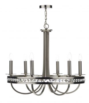 Soft Satin Chrome 6 Light Pendant with Crystal Glass Decoration - DISCONTINUED Large View