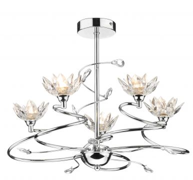 Polished Chrome and Flower Glass 5 Light Semi Flush Fitting - DISCONTINUED Large View