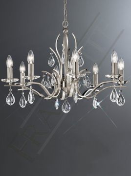 Satin Nickel 8 Arm Chandelier with Crystal Drops ID Large View