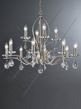 Satin Nickel 12 Arm Chandelier with Crystal Drops ID Large View
