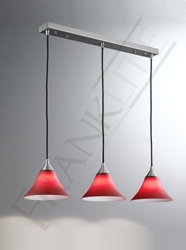 Satin Nickel and Red Glass 3 Light Pendant Bar ID - DISCONTINUED Large View