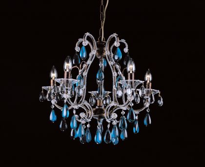 Rustic Bronze and Blue Crystal 5 Arm Chandelier ID Large View