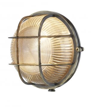 Solid Brass Round Exterior Wall Light in an Antique Brass Finish ID Large View