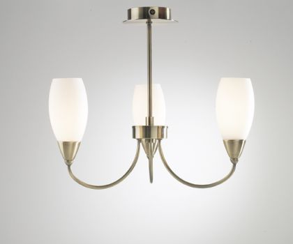 Antique brass and white glass 3 arm semi flush ceiling light - DISCONTINUED Large View