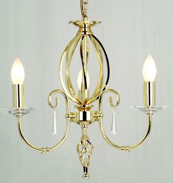 Polished Brass 3 Arm Chandelier with Crystal Drops ID Large View