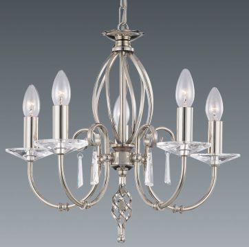 Polished Nickel 5 Arm Chandelier with Crystal Drops ID Large View