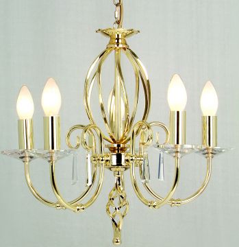 Polished Brass 5 Arm Chandelier with Crystal Drops ID Large View