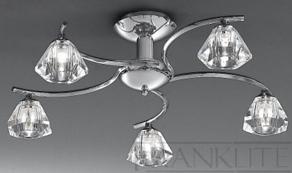 Polished Chrome and Crystal Glass 5 Arm Flush Ceiling Light ID Large View