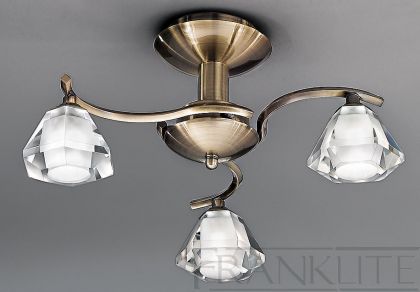 Antique Brass and Crystal Glass 3 Arm Flush Ceiling Light ID Large View
