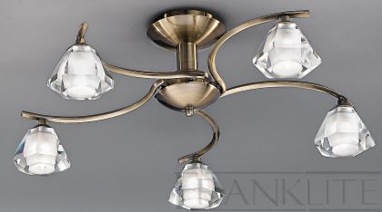 Antique Brass and Crystal Glass 5 Arm Flush Ceiling Light ID Large View