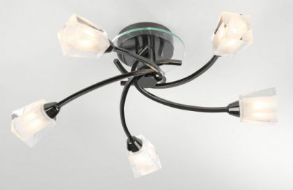 Black Chrome and Chunky Glass 5 Arm Flush Ceiling Light - DISCONTINUED Large View