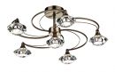 Antique Brass 6 Arm Semi-Flush Ceiling Light with Crystal Glass Shades ID